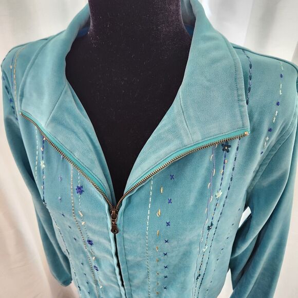 Koret Womens Embroidered Faux Suede Jacket Size S Teal Floral Granny Core - Picture 2 of 13